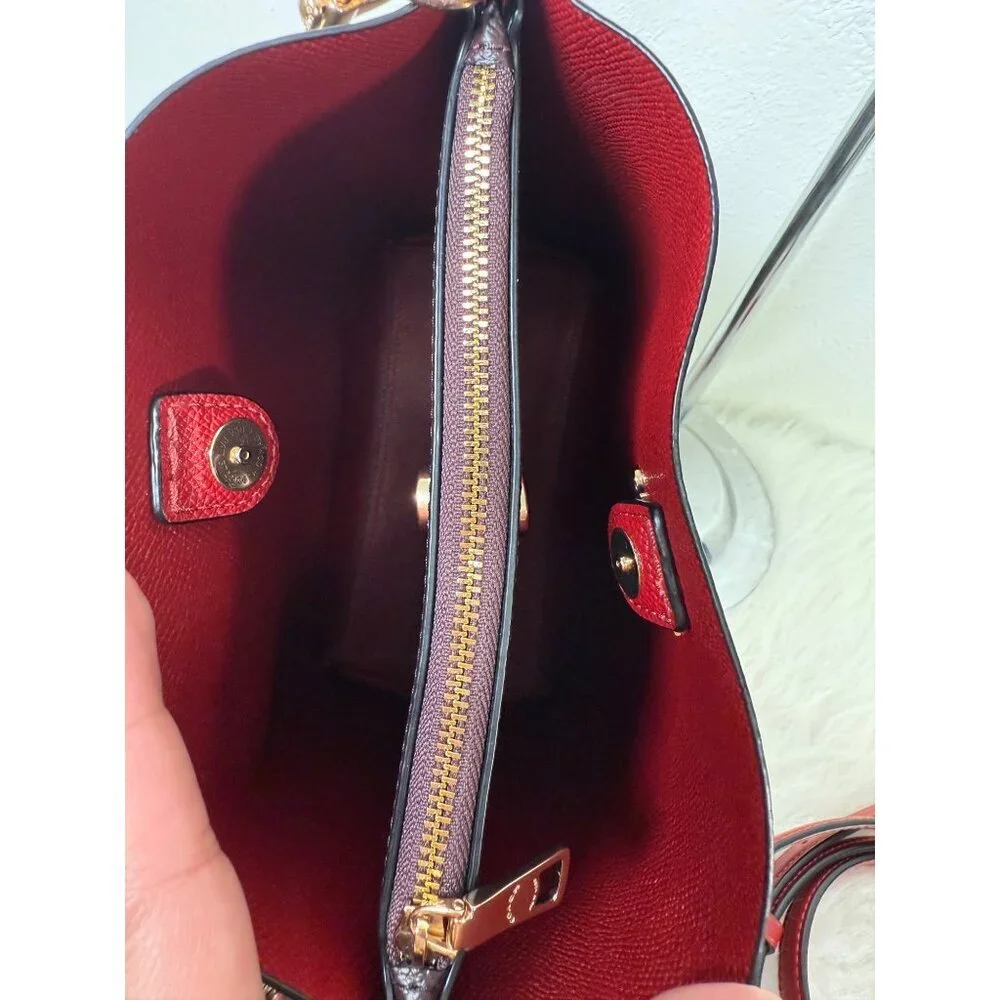Coach Town Bucket Bag Red Brown Monogram Coated Canva Leather WT Matching Wallet